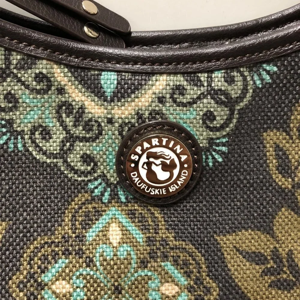 Spartina 449 Aqua Teal Paisley Tote Shoulder Bag Purse Linen Leather Handbag
